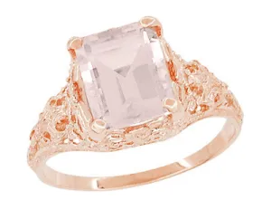 Emerald Cut Morganite Edwardian Filigree Engagement Ring in 14 Karat Rose ( Pink ) Gold