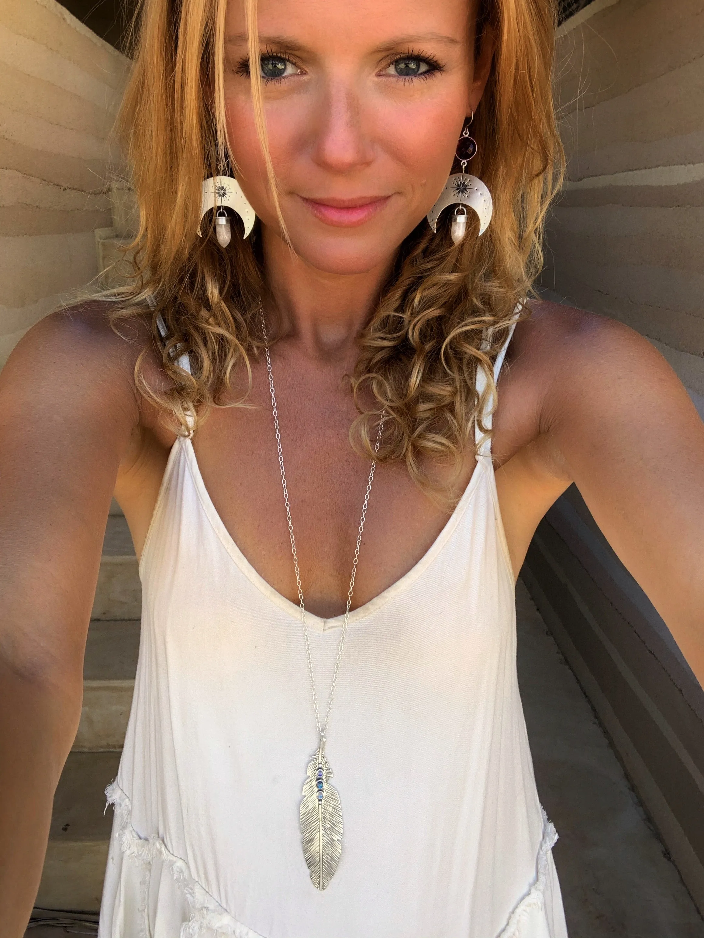 Feather necklace with moonstone & labradorite in silver