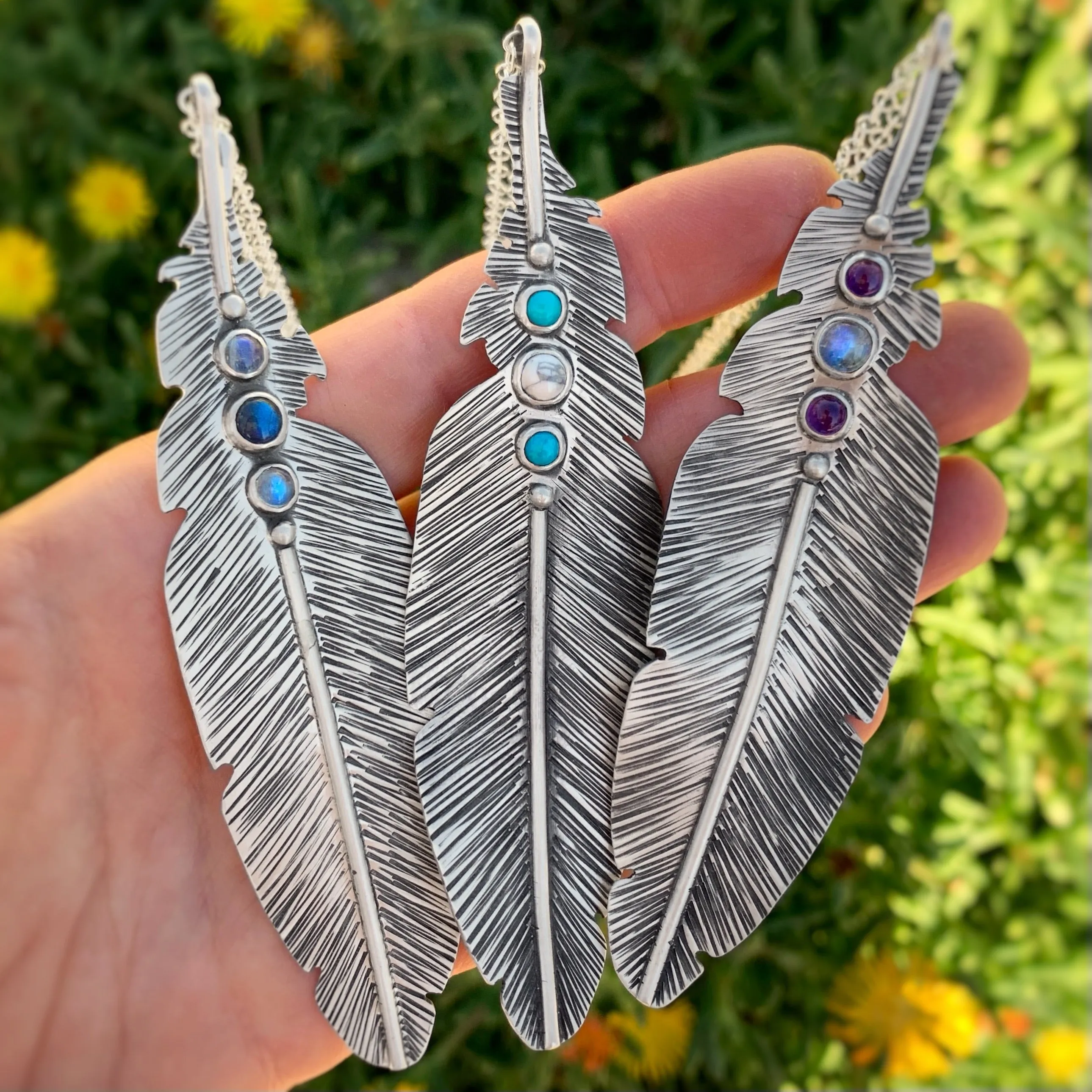 Feather necklace with moonstone & labradorite in silver
