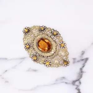 Filigree and Gold Citrine Crystal Victorian Sash Pin