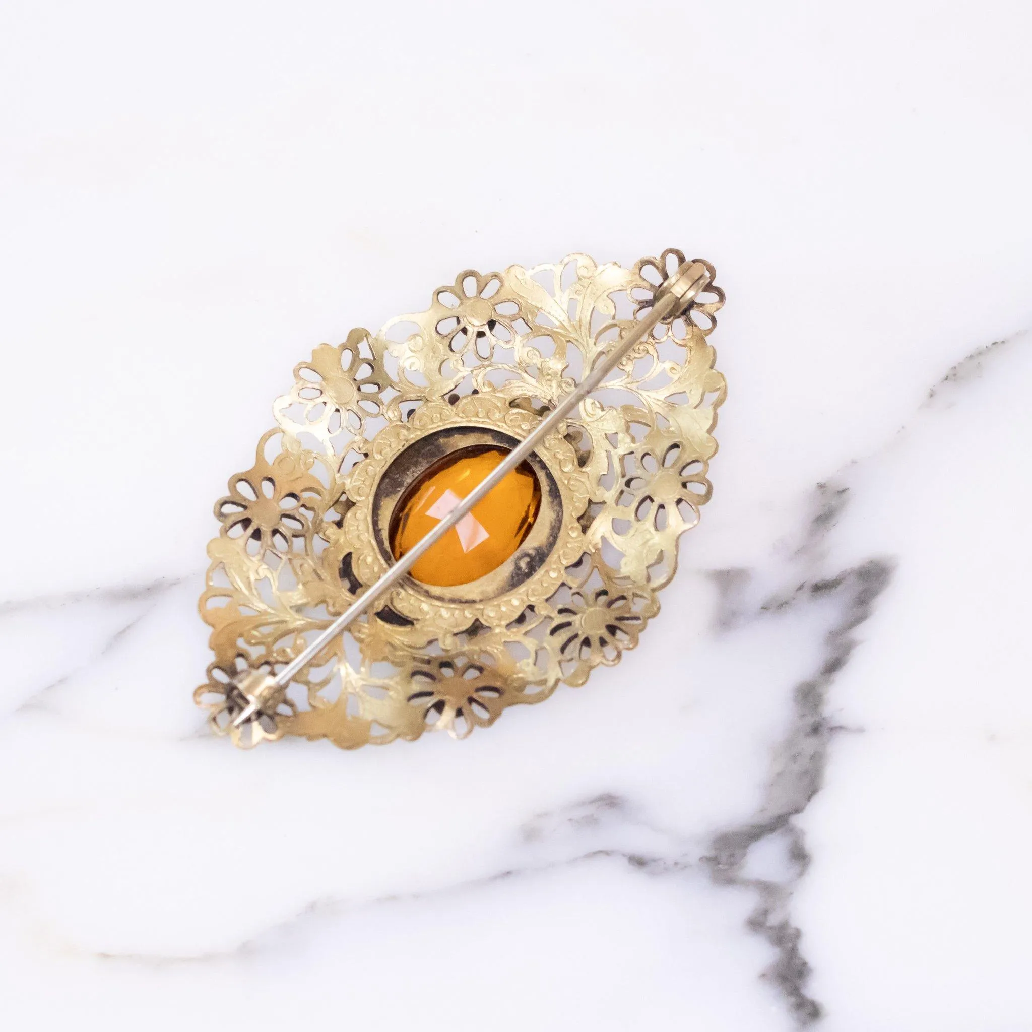 Filigree and Gold Citrine Crystal Victorian Sash Pin