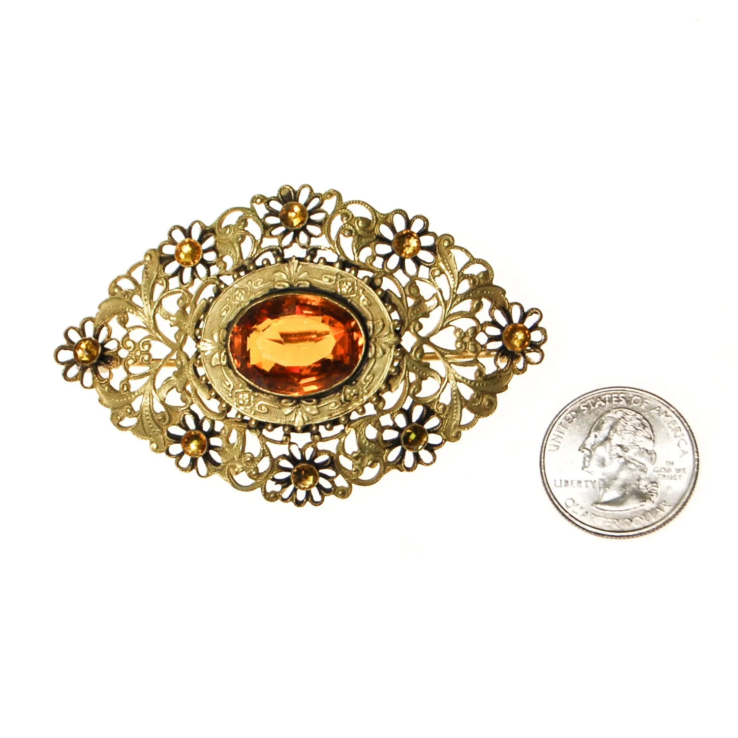 Filigree and Gold Citrine Crystal Victorian Sash Pin