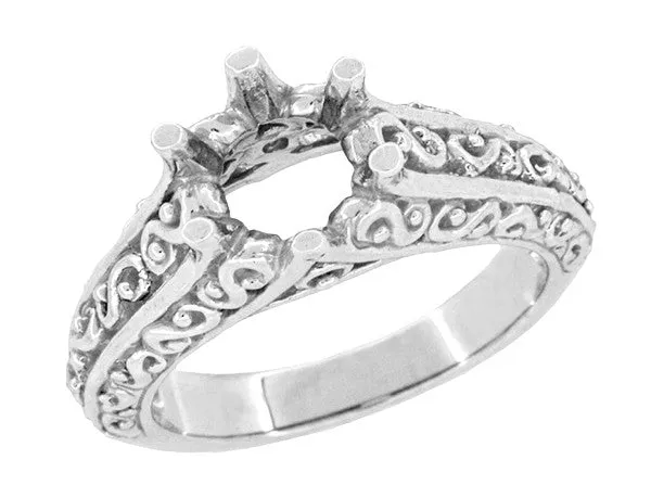 Filigree Flowing Scrolls Edwardian Vintage Style Engagement Ring Setting for a 1.25 - 2.00 Carat Diamond in 14 Karat White Gold