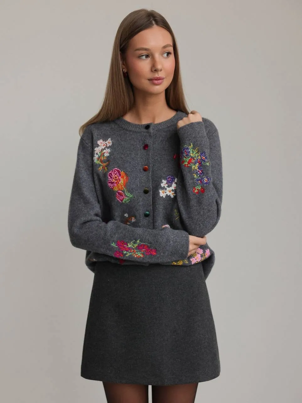 Floral Embroidered Grey Cardigan