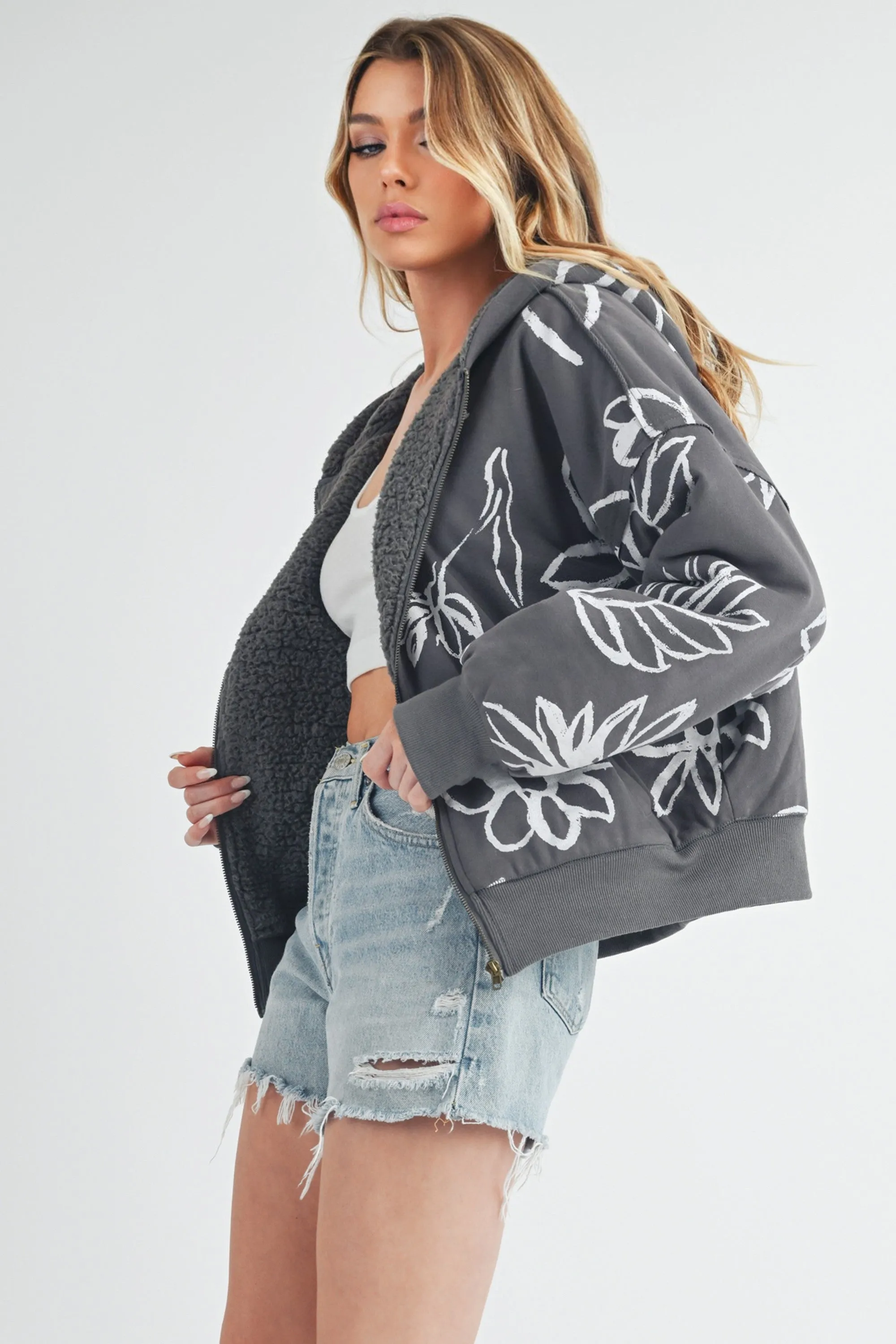 Flower Print Zip Up Gray Sherpa Hoodie