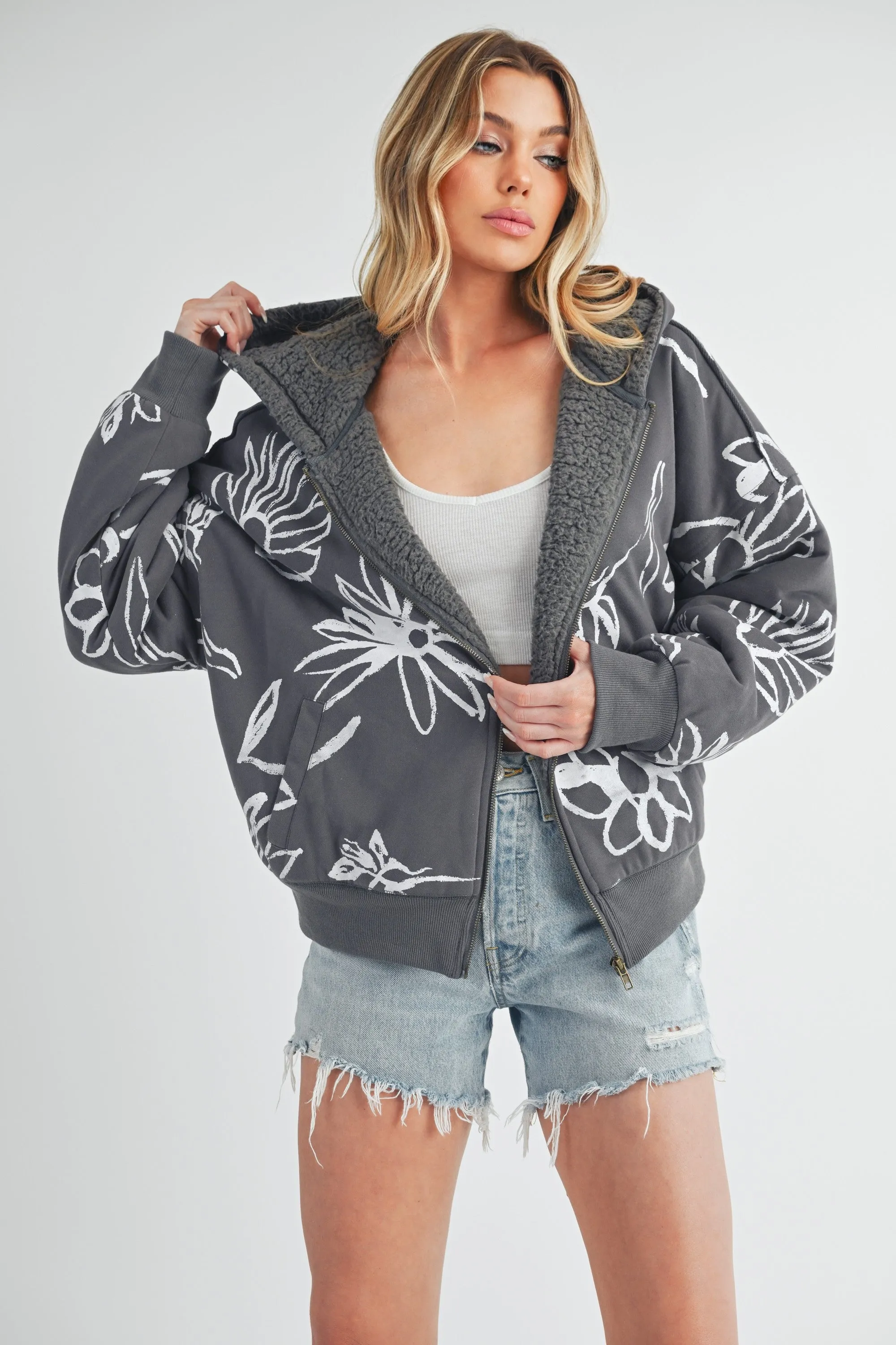 Flower Print Zip Up Gray Sherpa Hoodie