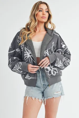 Flower Print Zip Up Gray Sherpa Hoodie