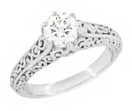 Flowing Scrolls 1/2 Carat Ideal Cut Lab Created Diamond Filigree Edwardian Engagement Ring in 14 Karat White Gold