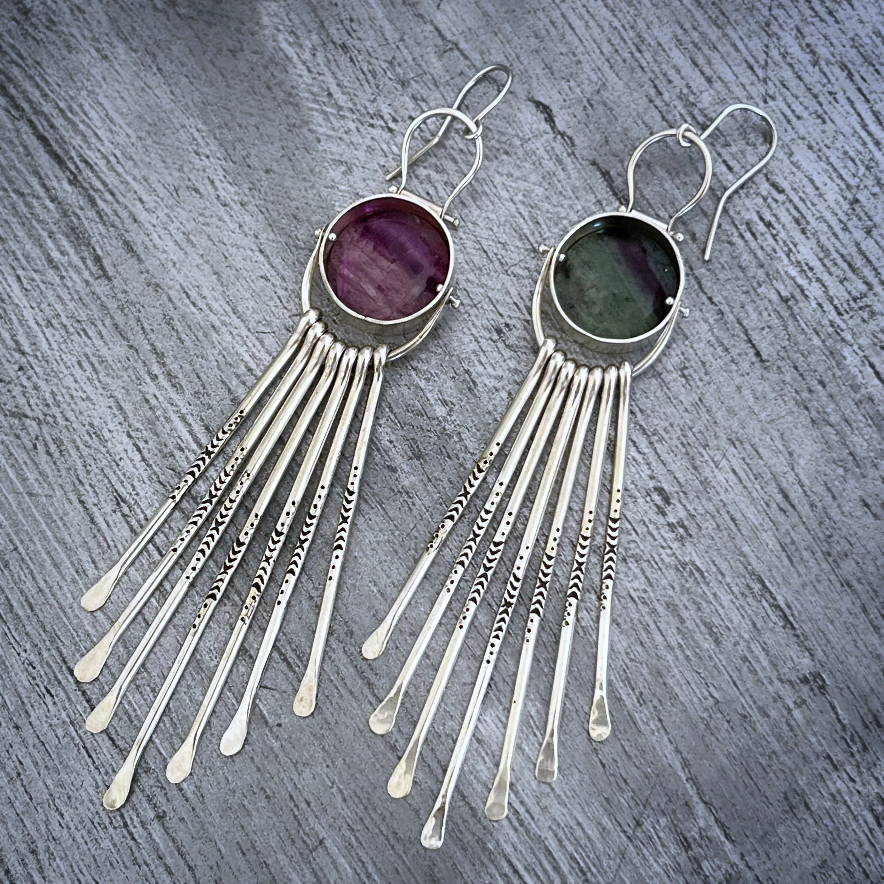 Fluorite fringe earrings in silver