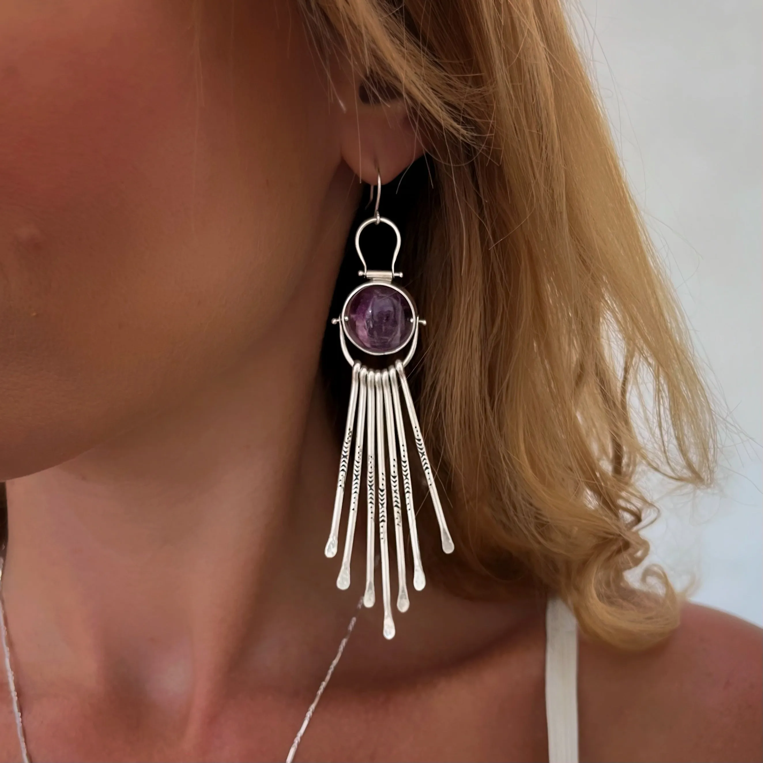 Fluorite fringe earrings in silver