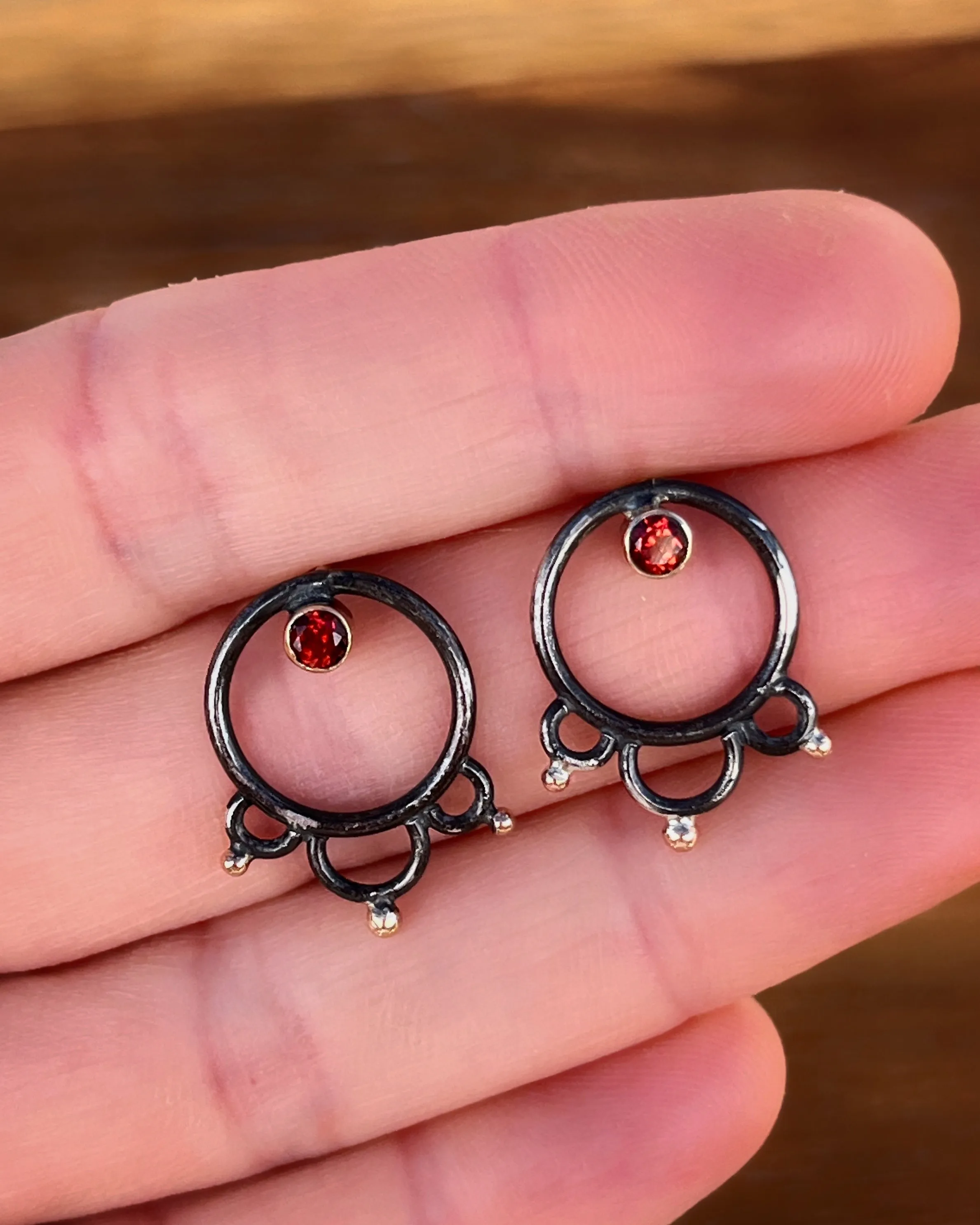 Garnet stud earrings in 14K gold, gold-fill & silver