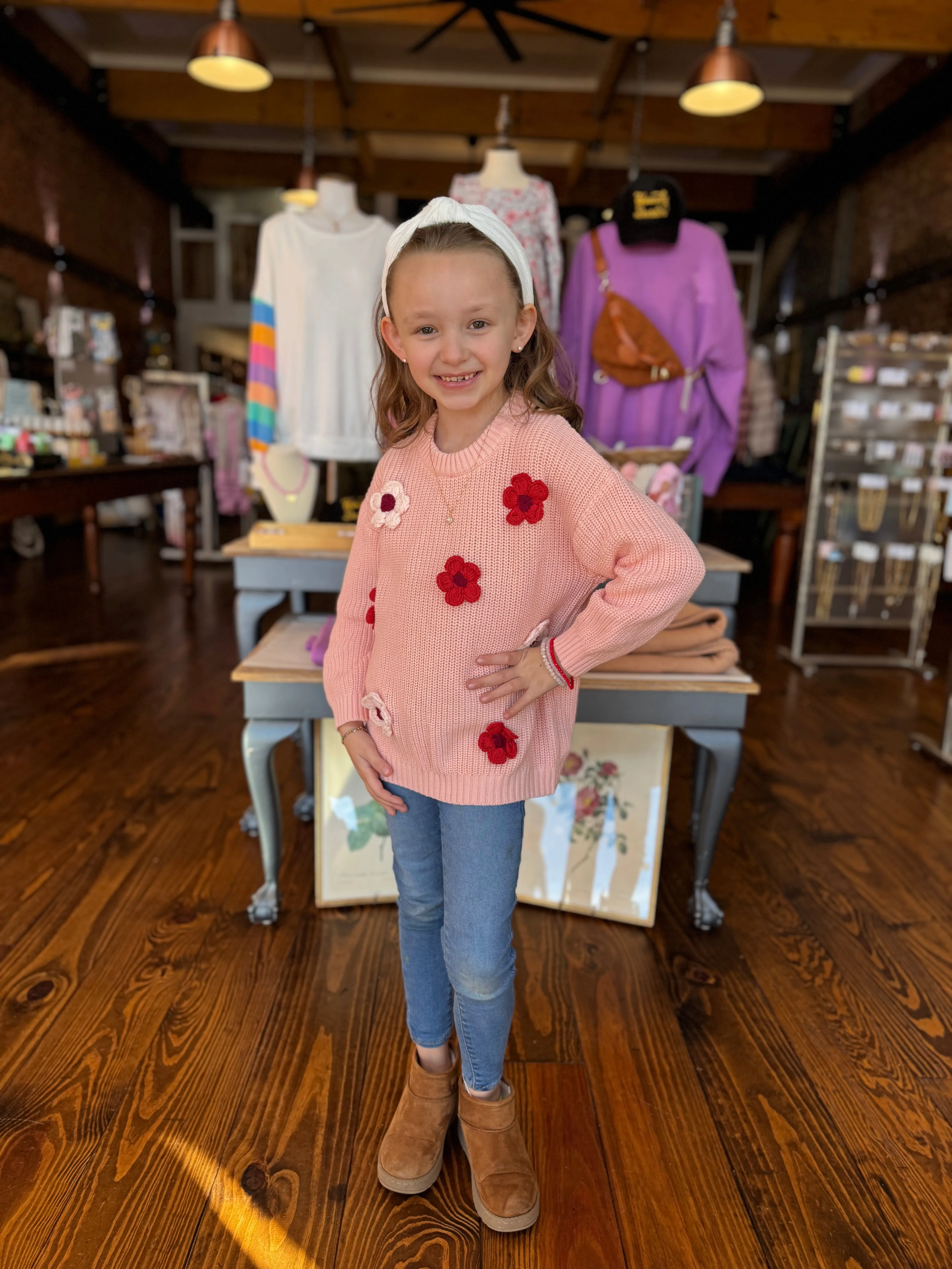 Girls Hand Embroidered Flower Sweater