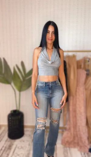 Glitter Hanging Neck Crop Top