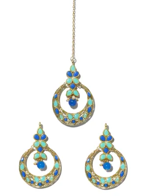 Gold Plated Blue and Mint Green Kundan Chnadbali Earrings with Maangtikka