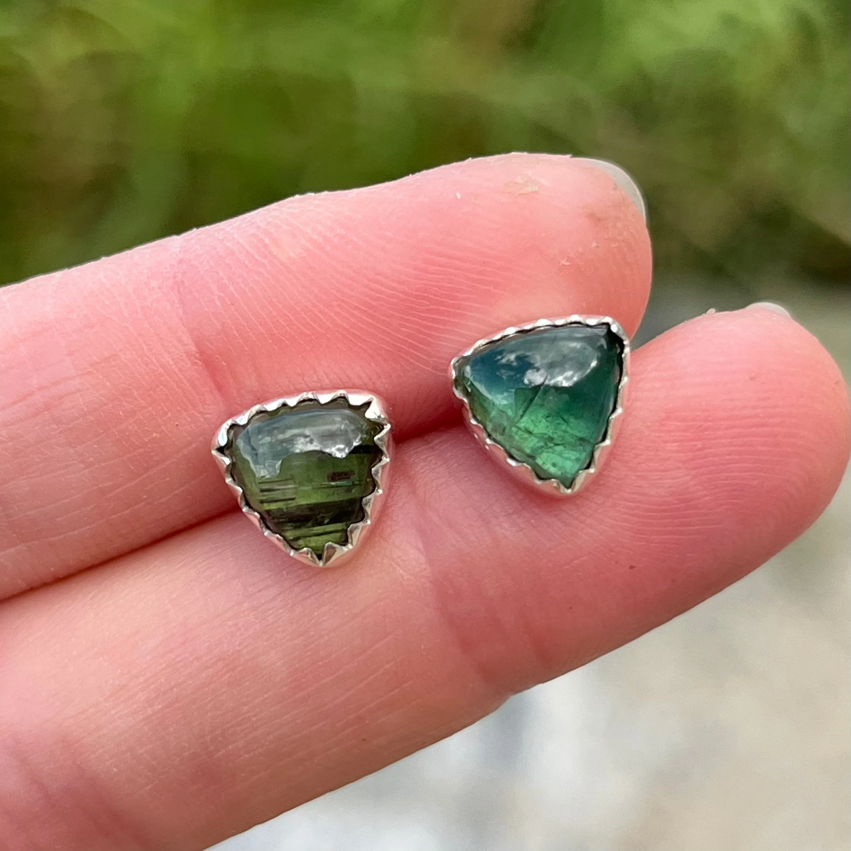 Green tourmaline triangle studs in silver
