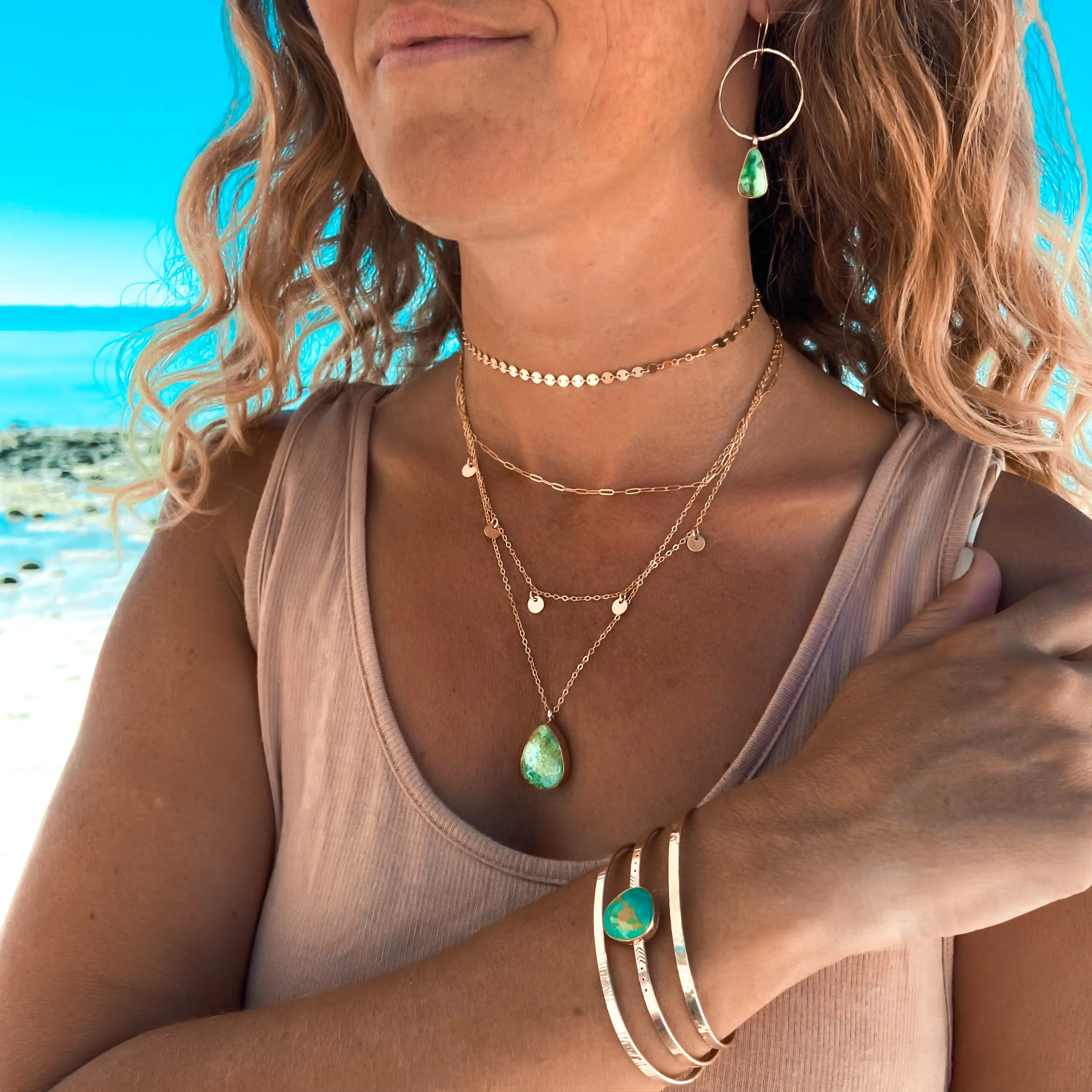 Green turquoise layered necklace set in 14K gold-fill