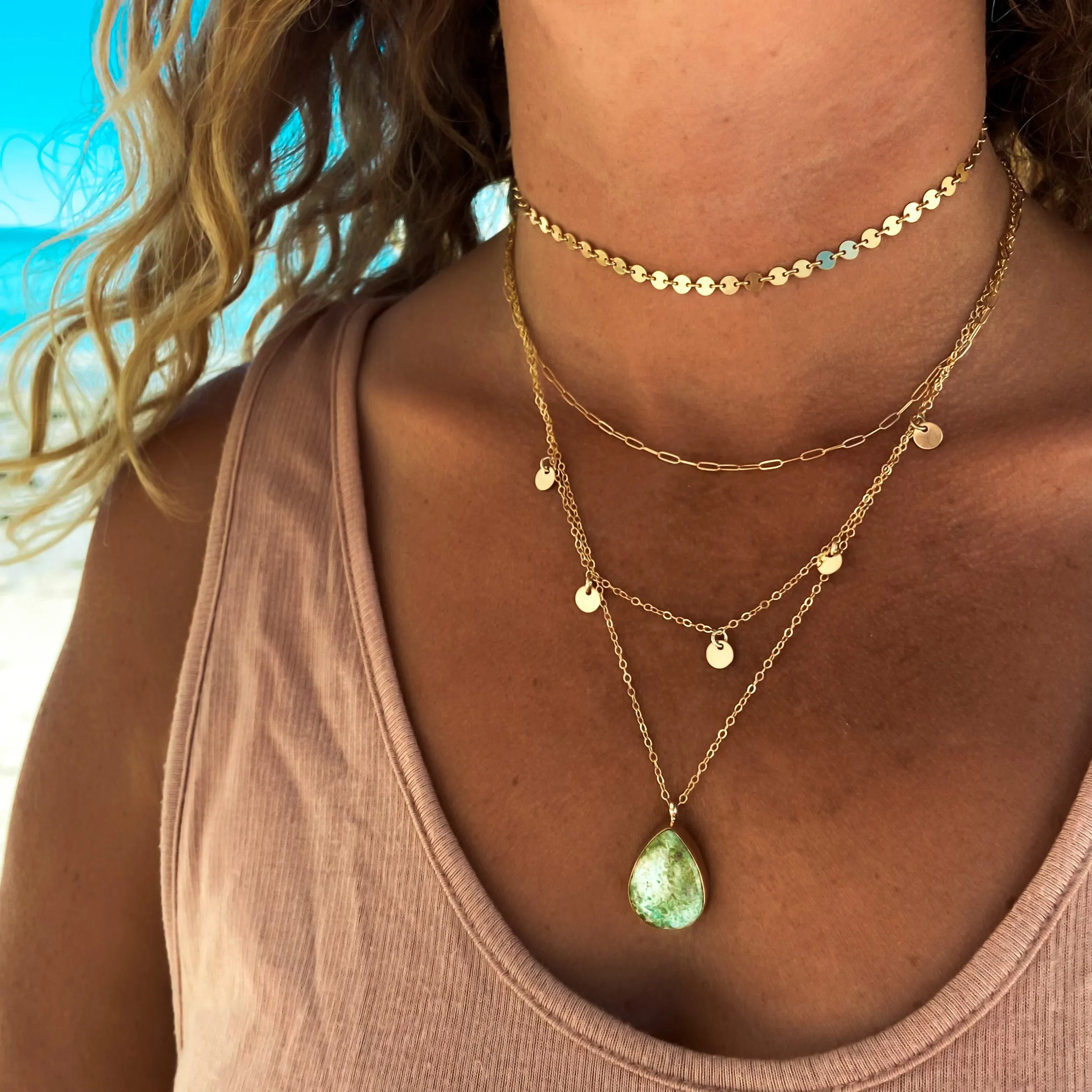Green turquoise layered necklace set in 14K gold-fill