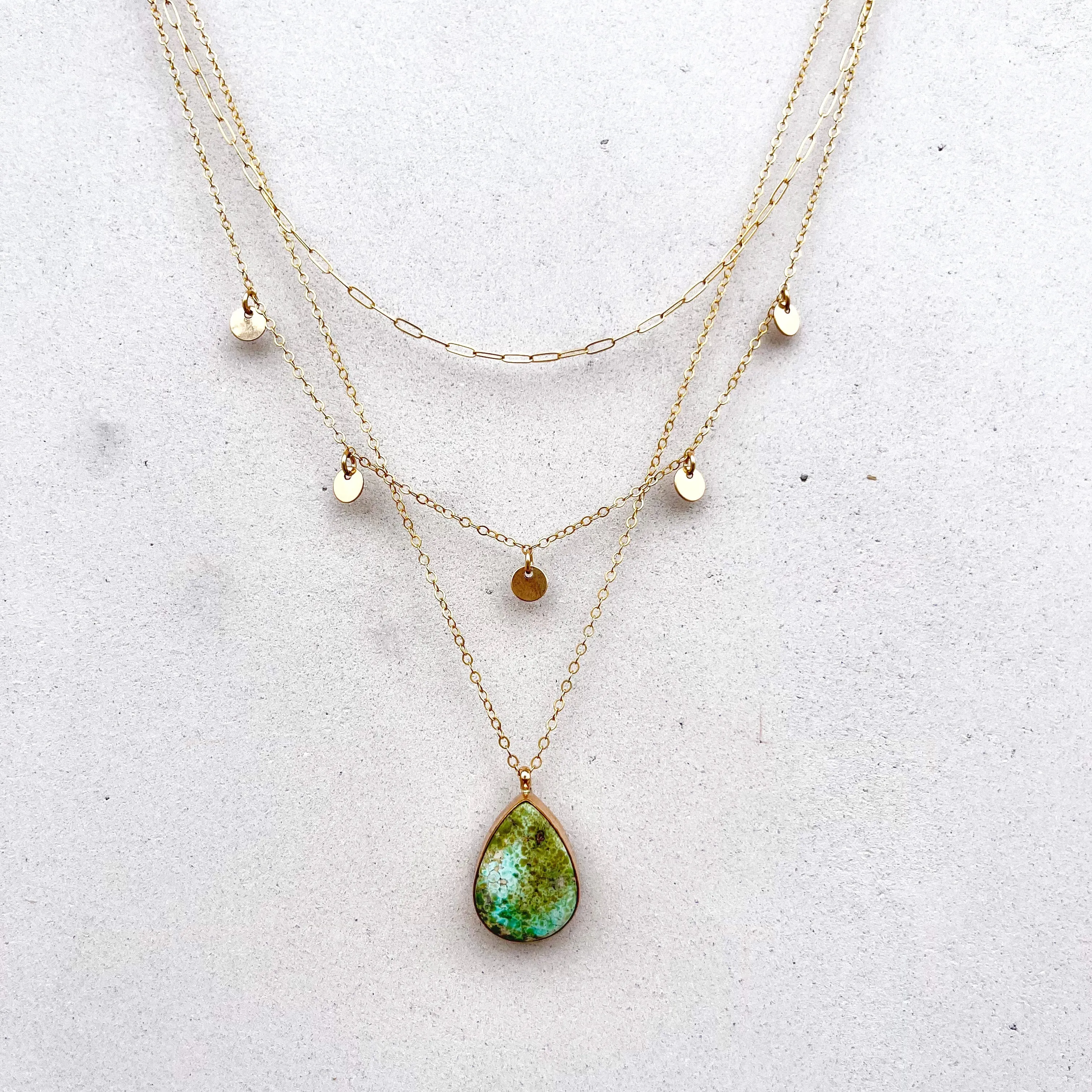 Green turquoise layered necklace set in 14K gold-fill