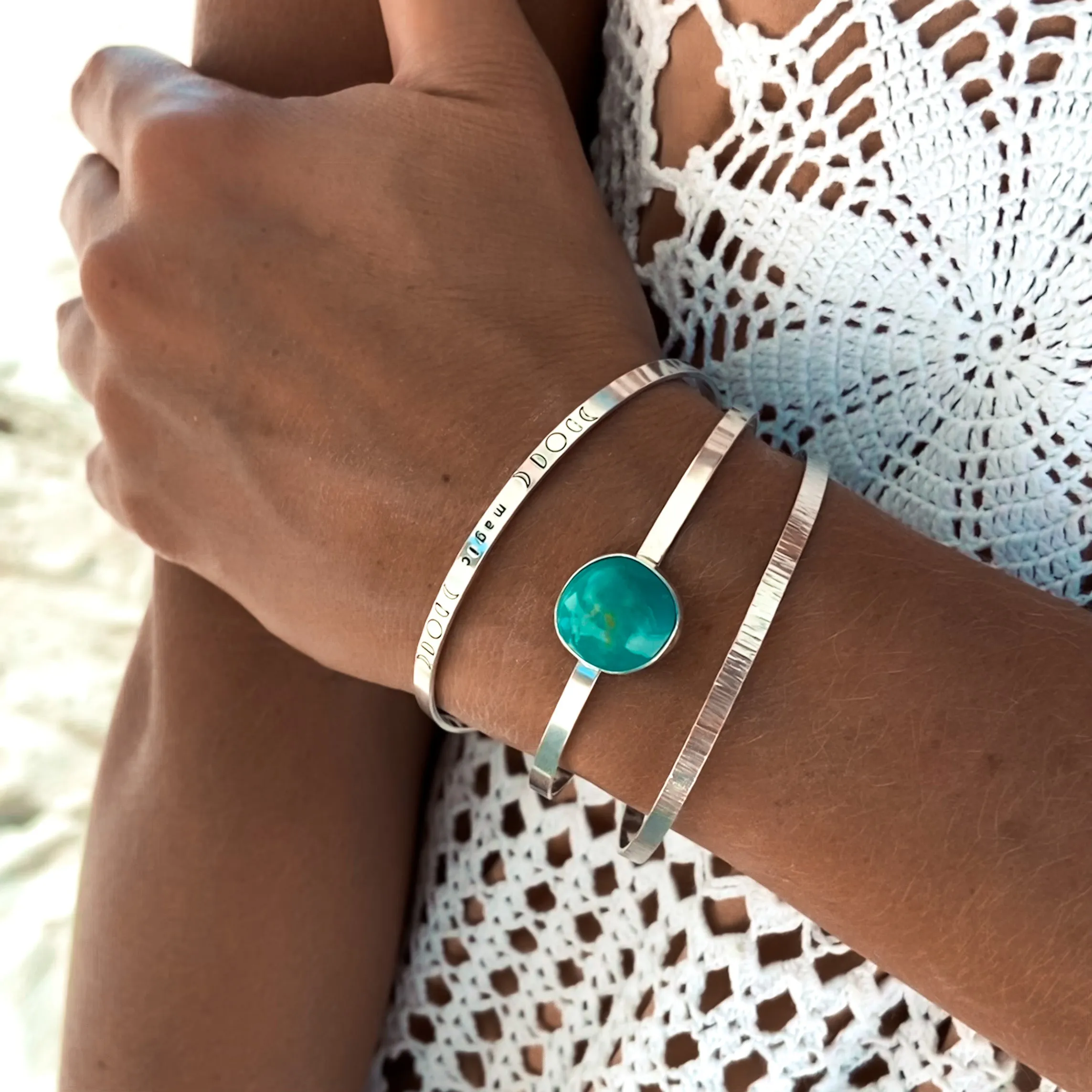 Green turquoise "moon magic" cuff set in silver