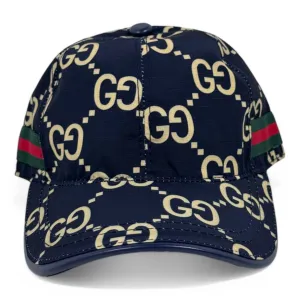 Gucci Monogram Navy Cap with Signature Stripe Accents