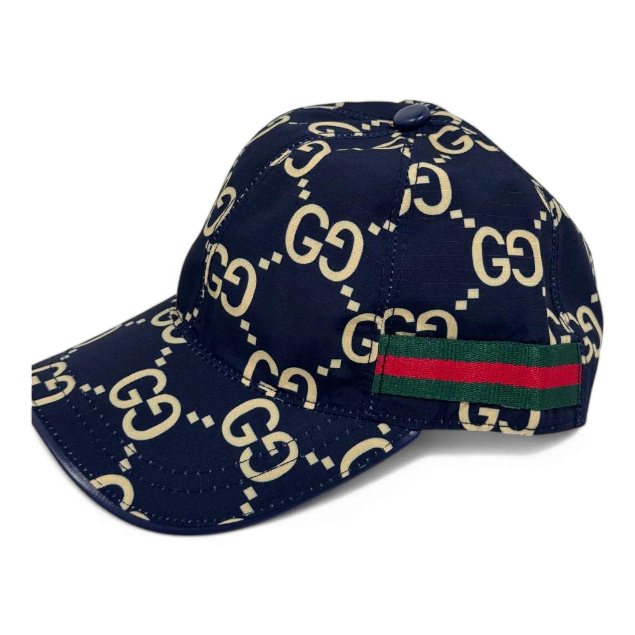 Gucci Monogram Navy Cap with Signature Stripe Accents