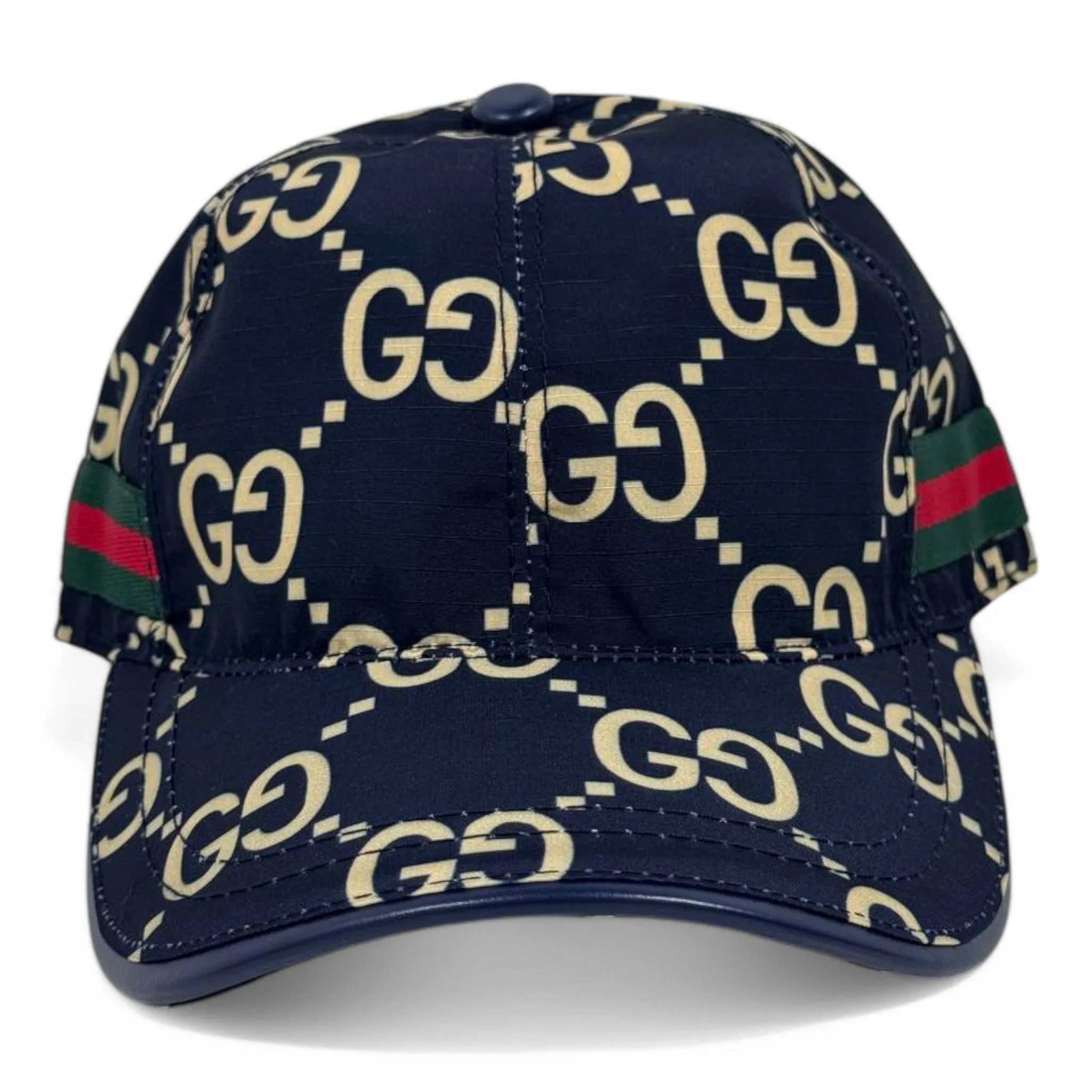 Gucci Monogram Navy Cap with Signature Stripe Accents