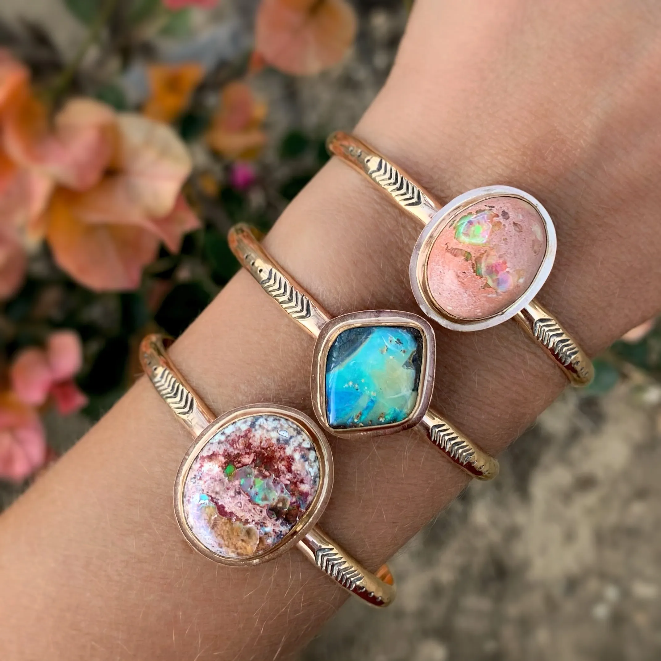 Hand-stamped Australian boulder opal cuff in 14K gold-fill