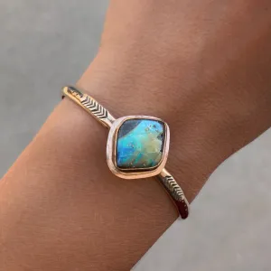Hand-stamped Australian boulder opal cuff in 14K gold-fill