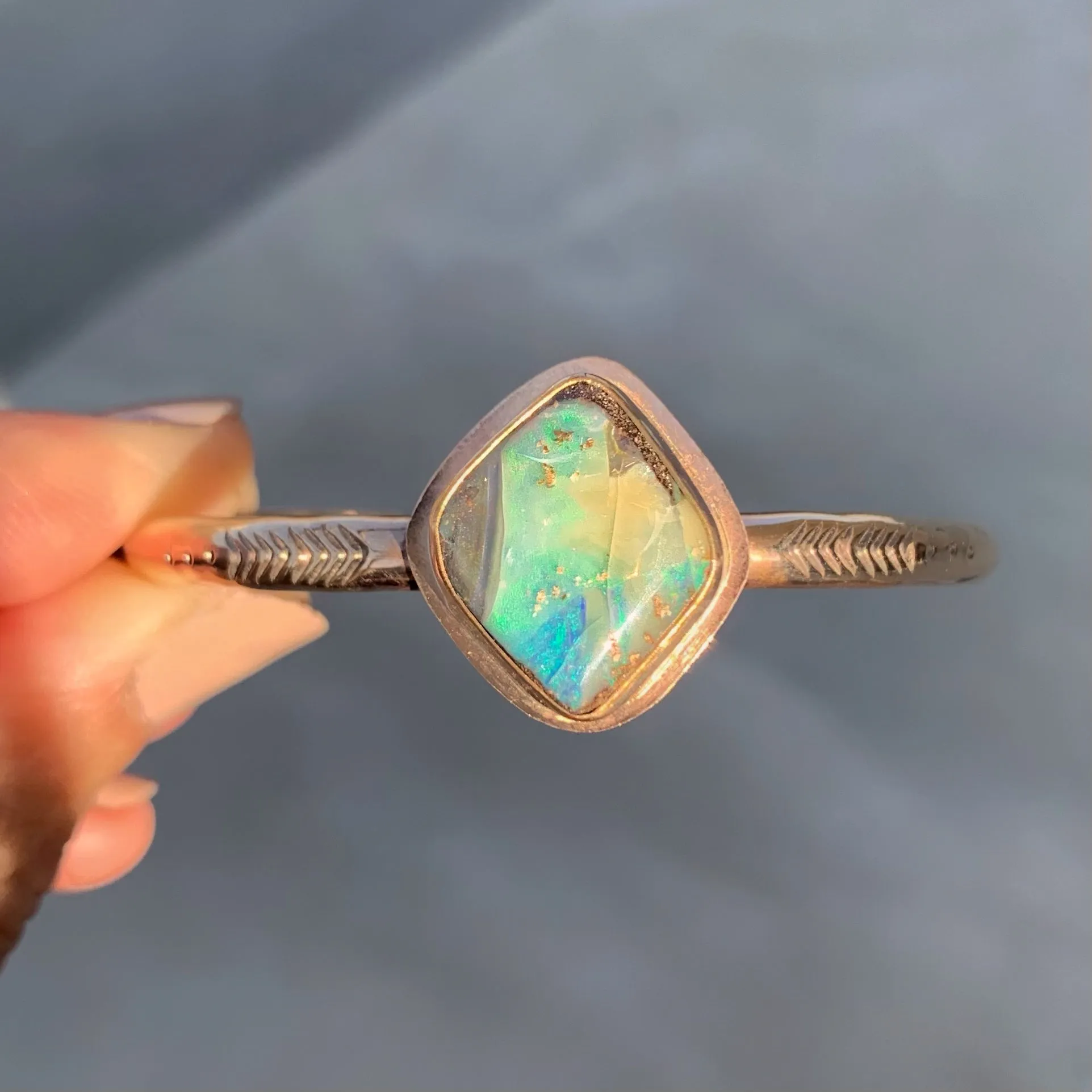 Hand-stamped Australian boulder opal cuff in 14K gold-fill