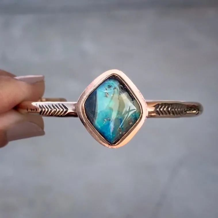 Hand-stamped Australian boulder opal cuff in 14K gold-fill