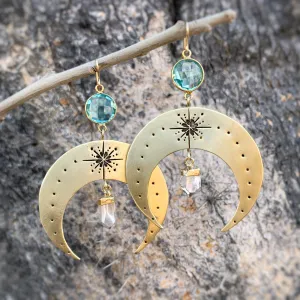 Hand-stamped brass moon earrings with aqua quartz & quartz crystal points