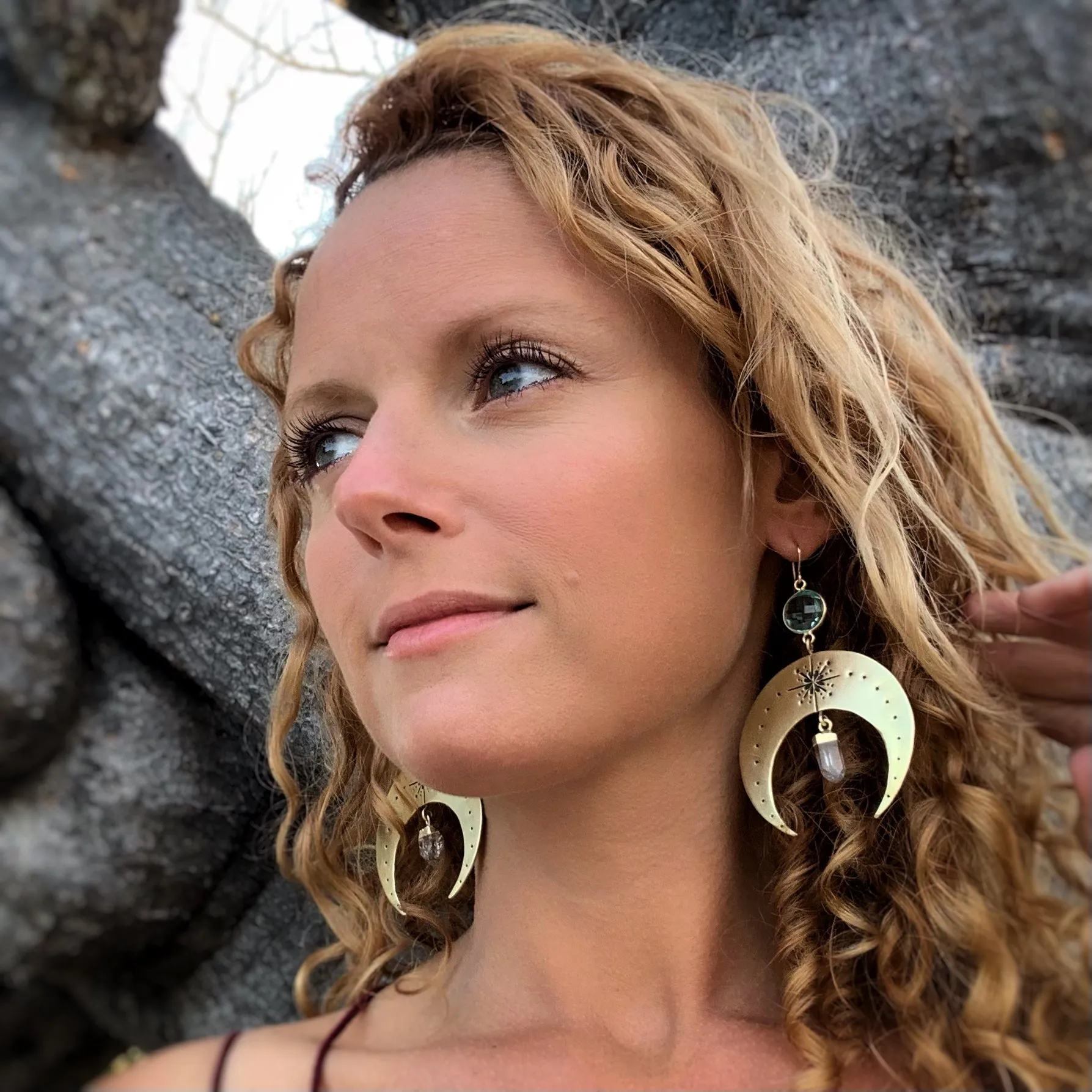 Hand-stamped brass moon earrings with aqua quartz & quartz crystal points