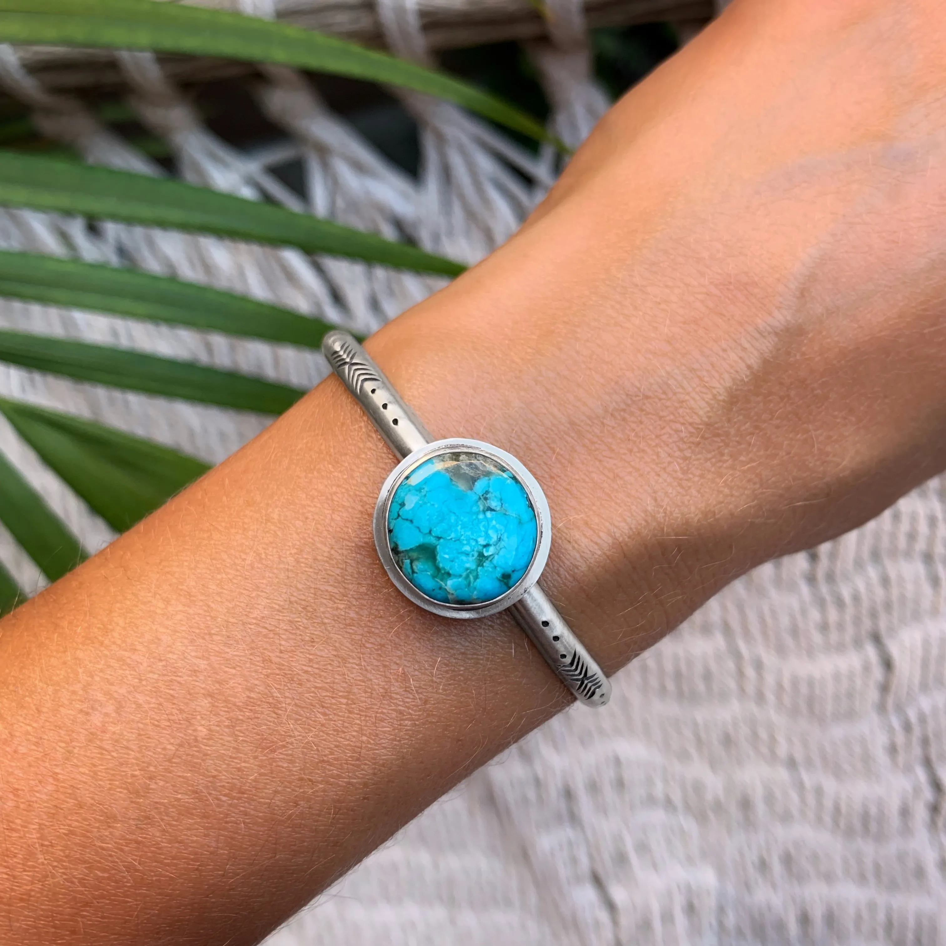 Hand-stamped gem silica cuff in silver