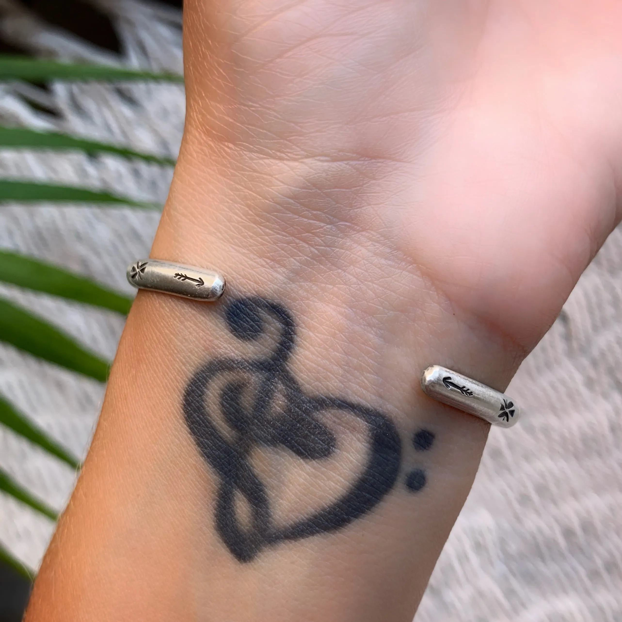 Hand-stamped gem silica cuff in silver