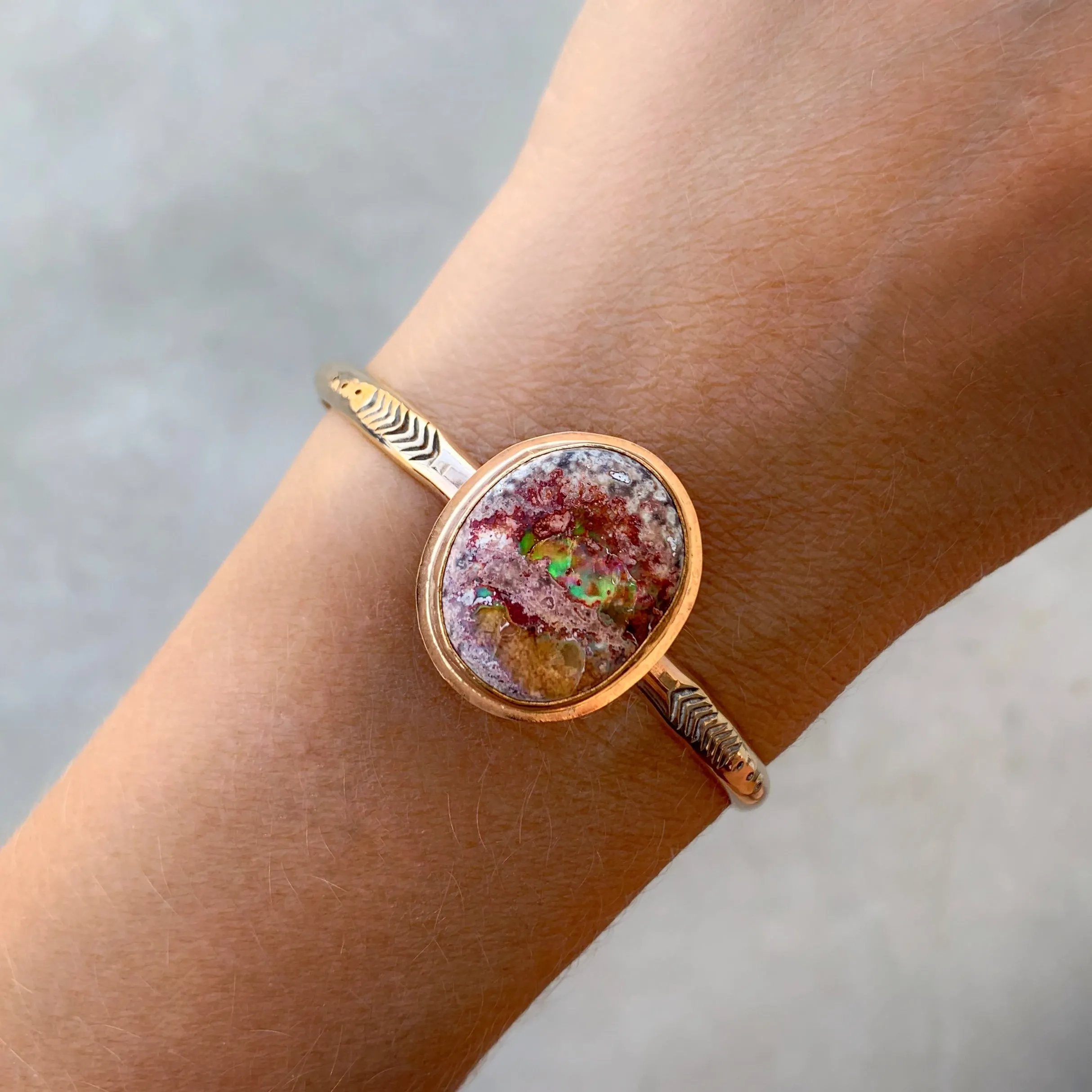 Hand-stamped Mexican Cantera opal cuff in 14K gold-fill