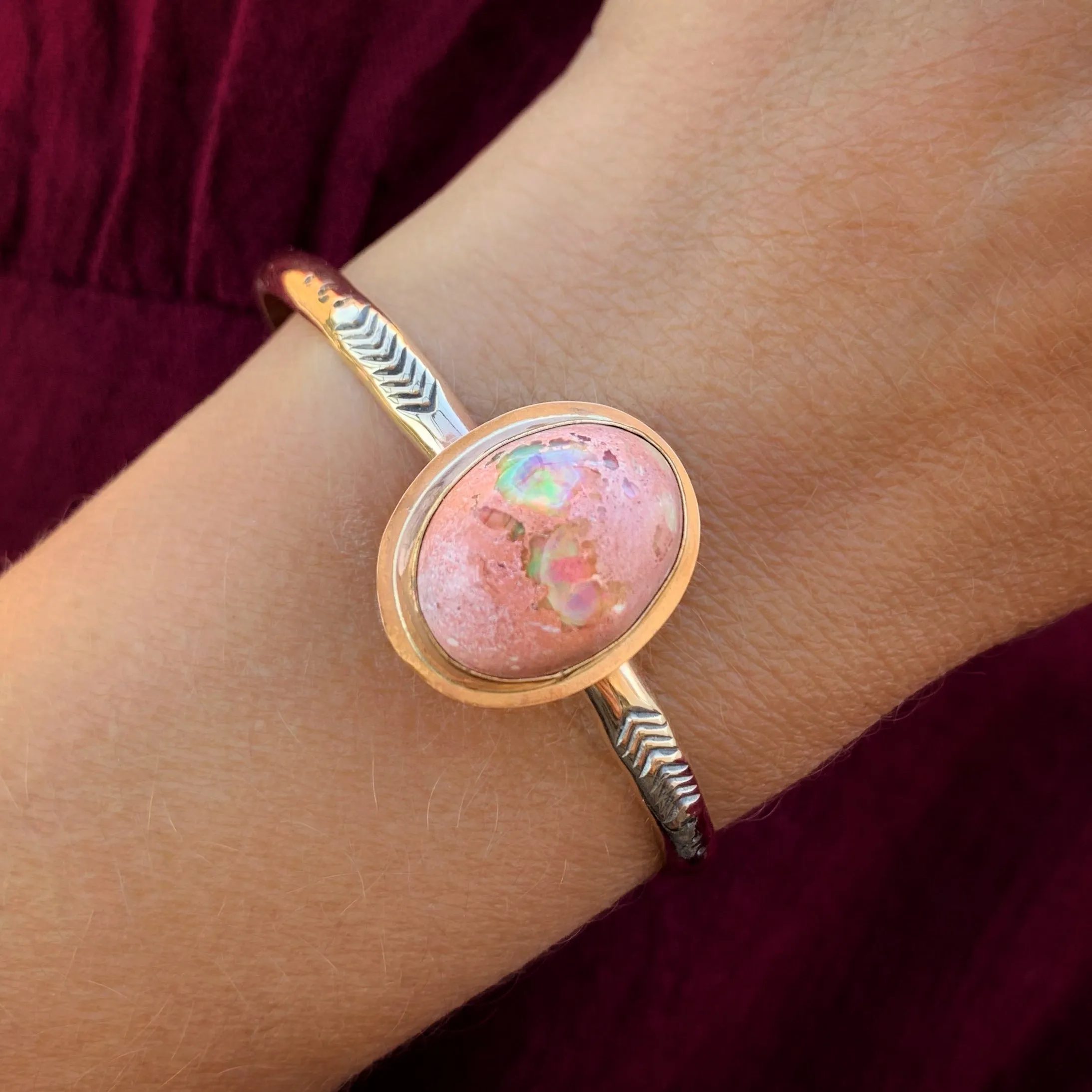 Hand-stamped Mexican Cantera opal cuff in 14K gold-fill