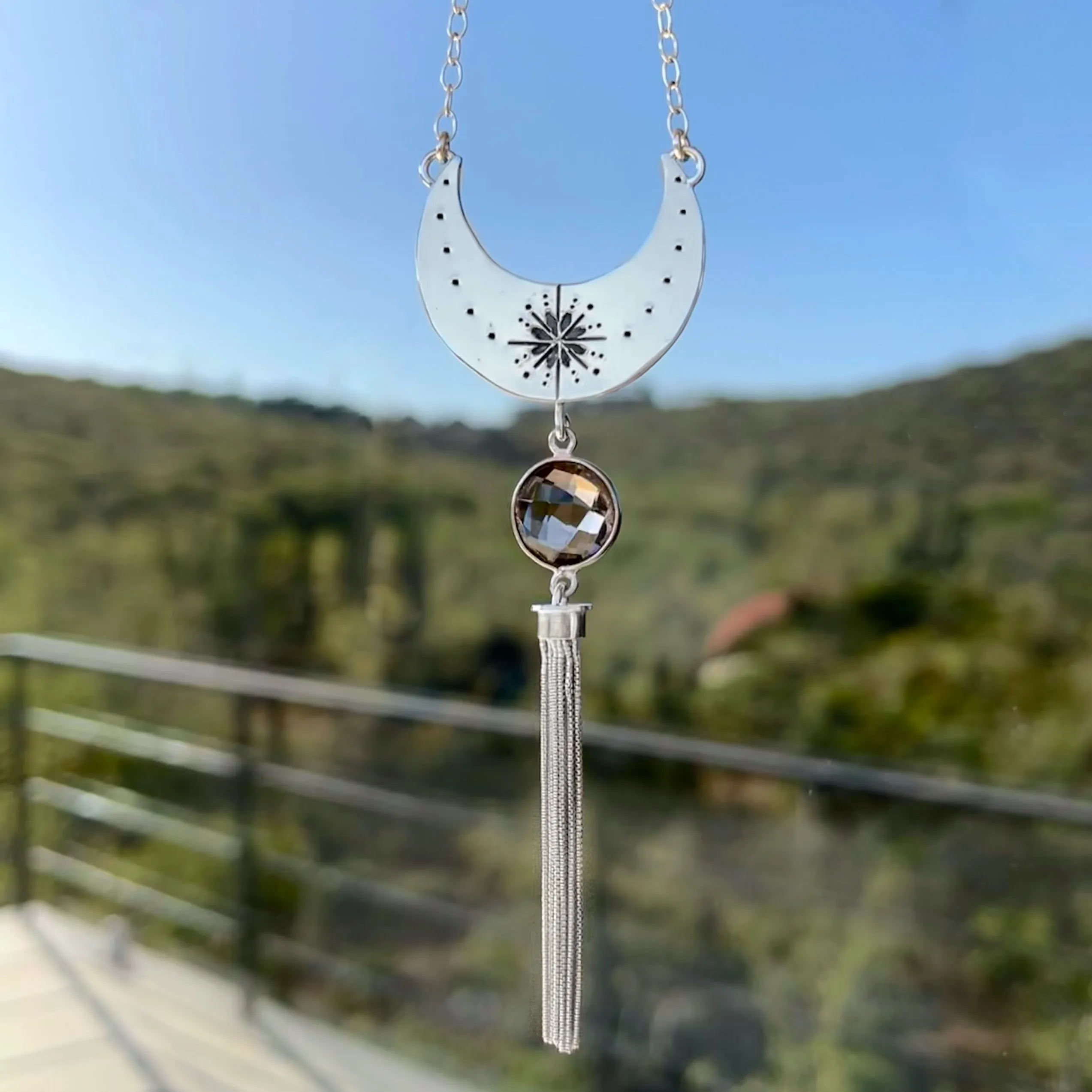 Hand-stamped moon tassel necklace with smoky quartz in silver