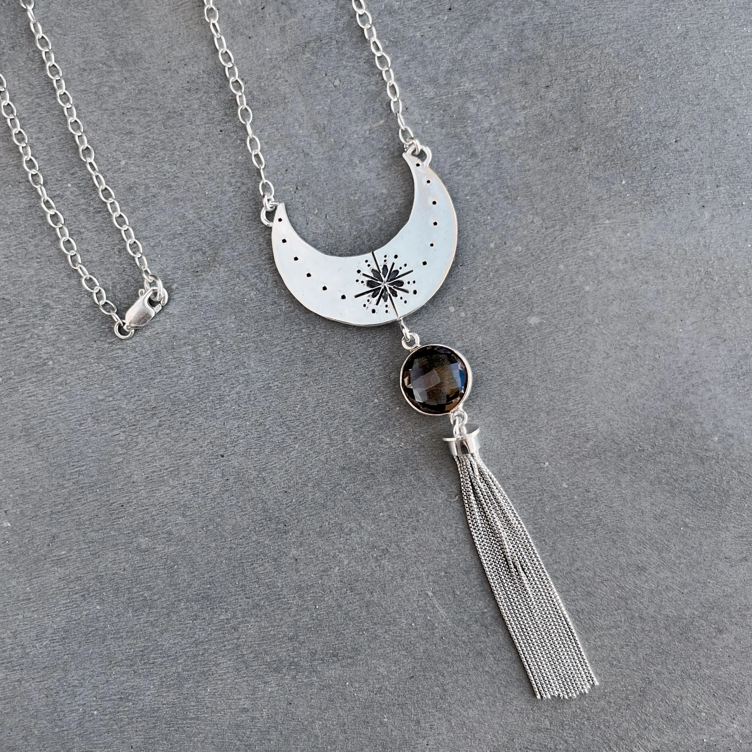 Hand-stamped moon tassel necklace with smoky quartz in silver