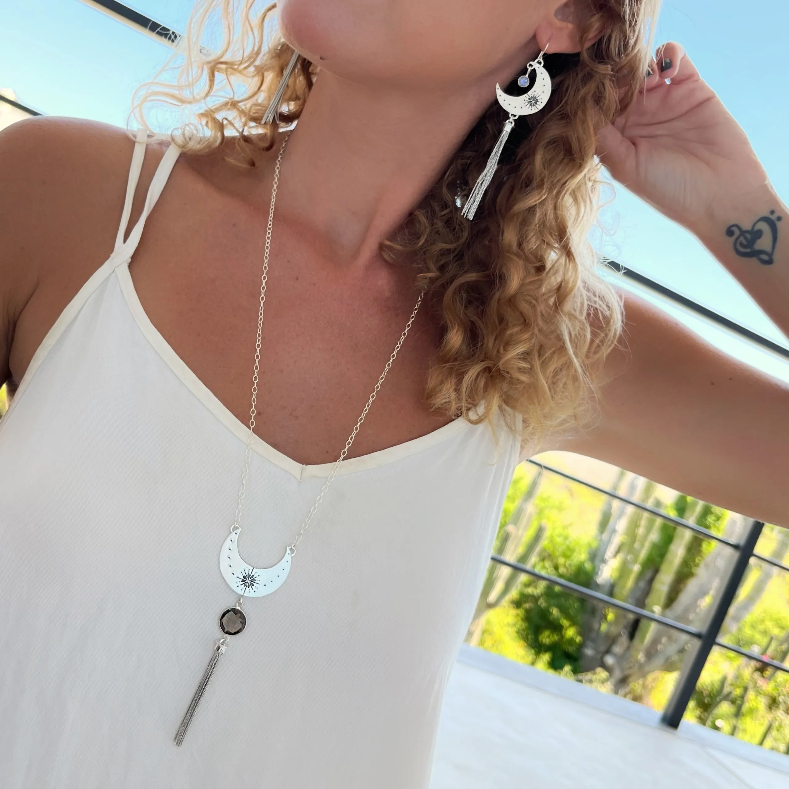 Hand-stamped moon tassel necklace with smoky quartz in silver
