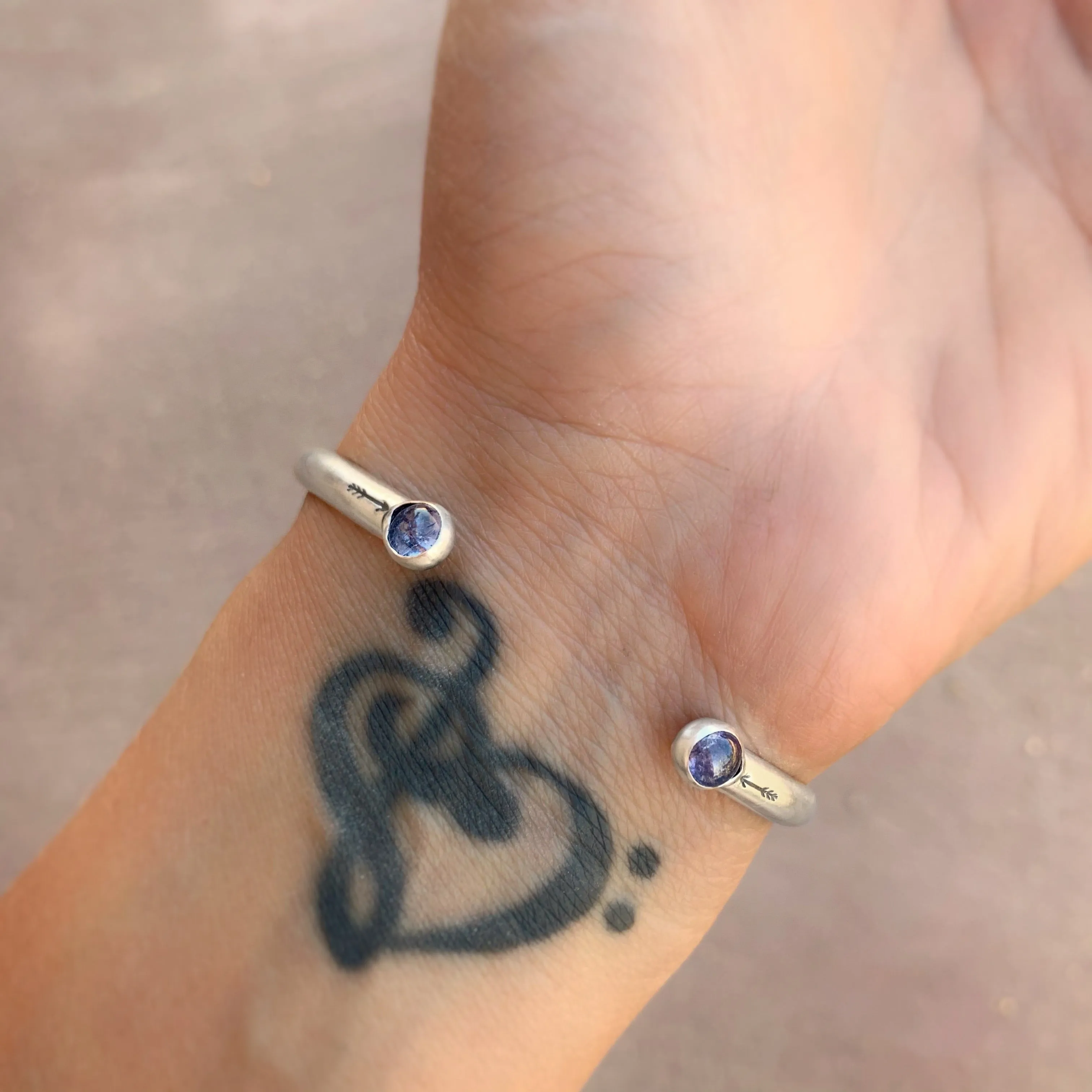 Hand-stamped moonstone & tanzanite cuff in silver