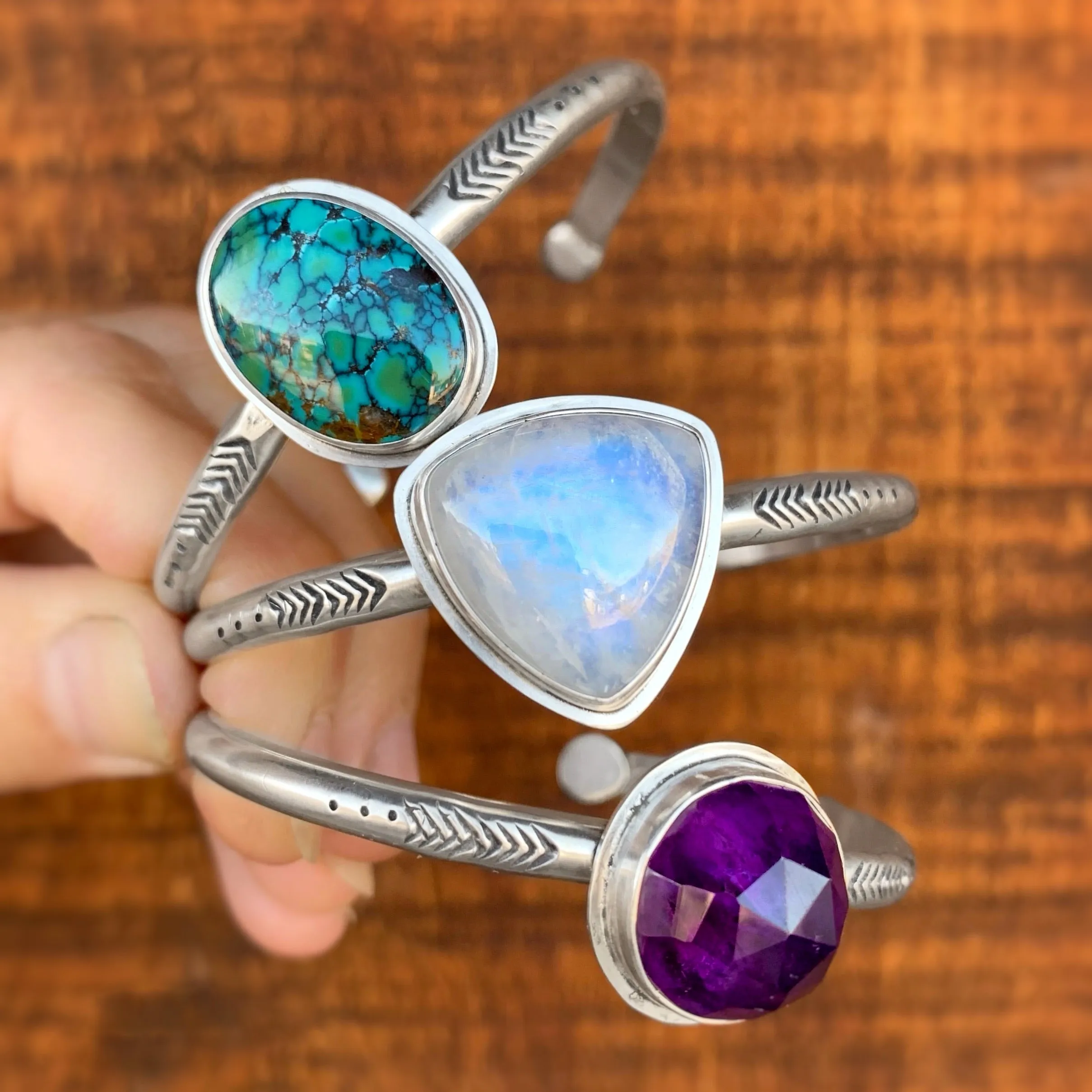 Hand-stamped moonstone & tanzanite cuff in silver