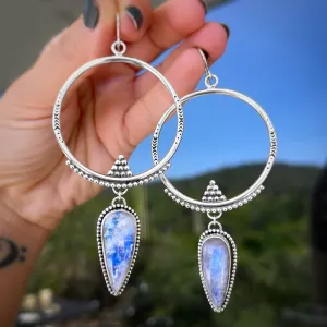 Hand-stamped silver hoops with moonstone dangles
