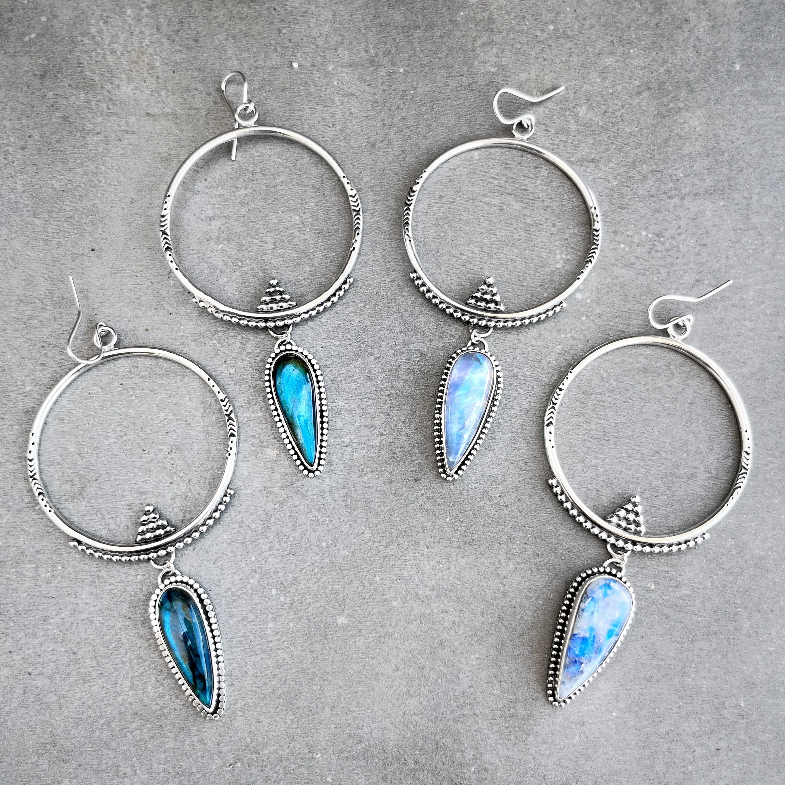 Hand-stamped silver hoops with moonstone dangles