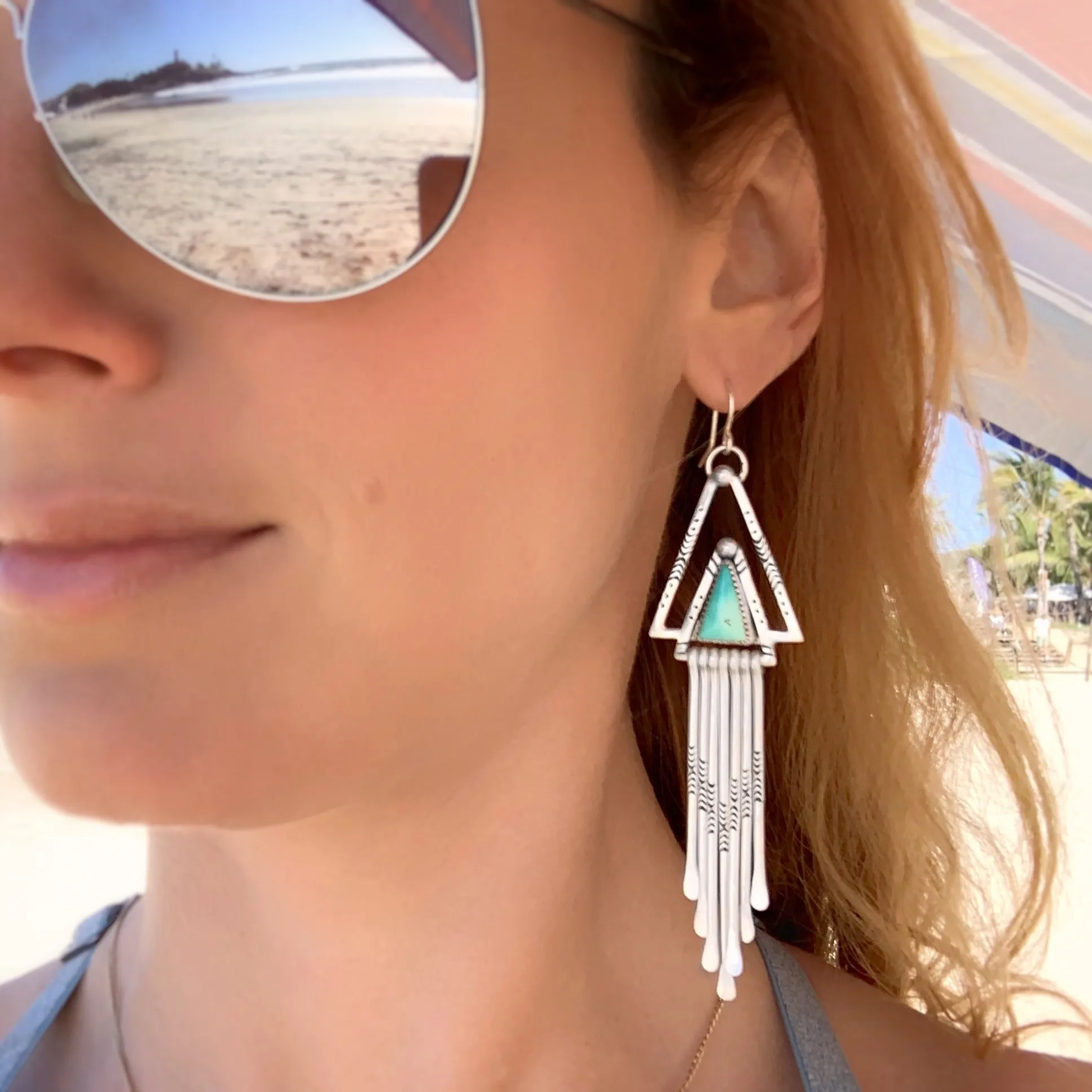 Hand-stamped triangle turquoise fringe earrings in silver