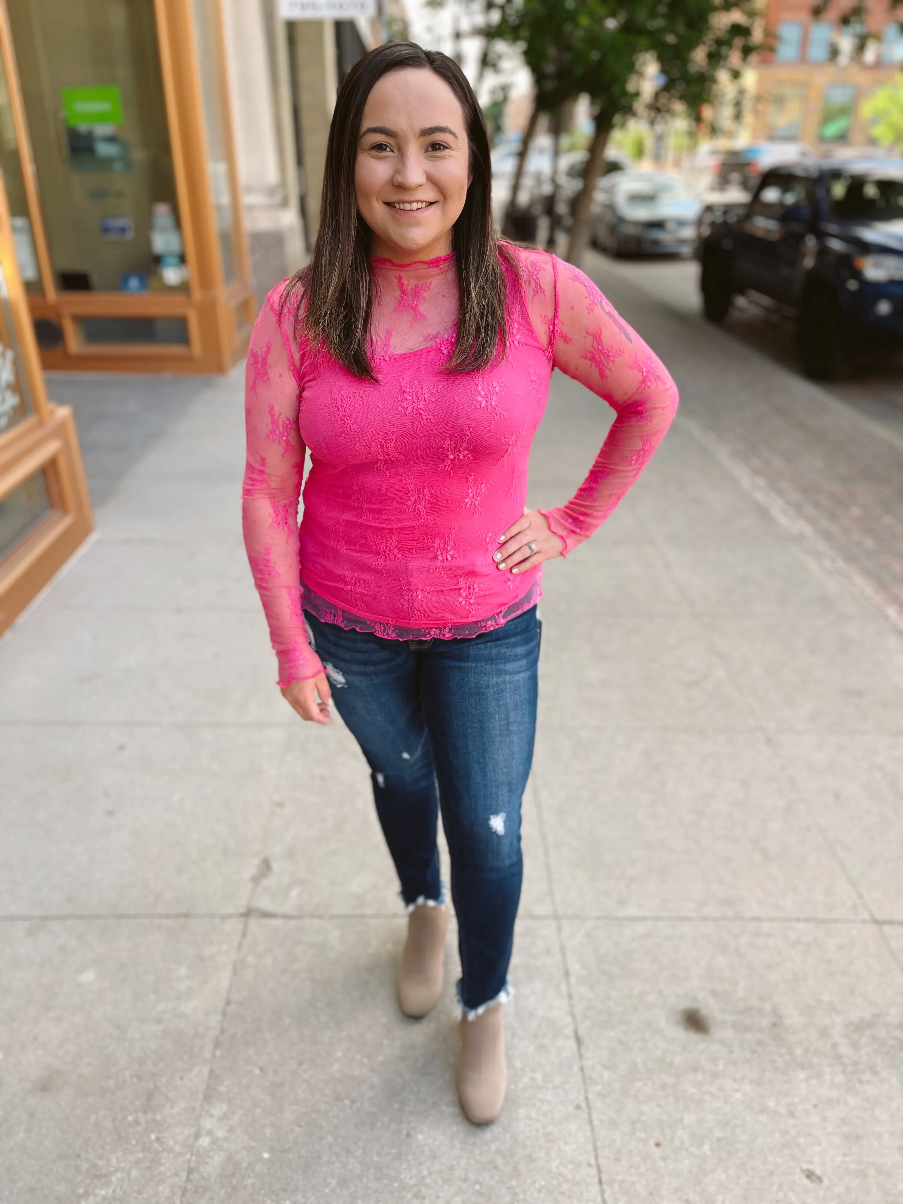 Hot Pink Lace Mesh Top