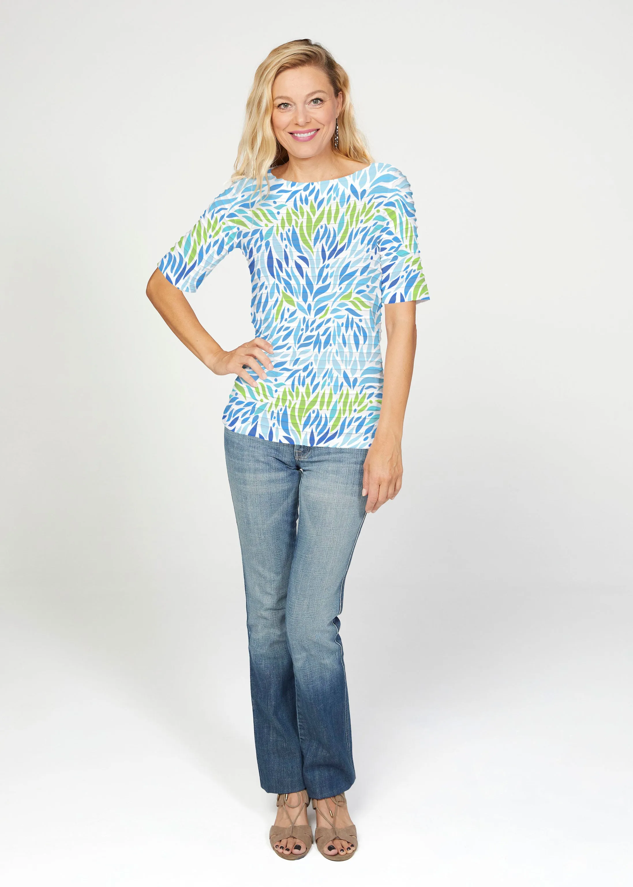 Hotsy Totsy Blue (8143) ~ Banded Elbow Sleeve Boat Neck Top