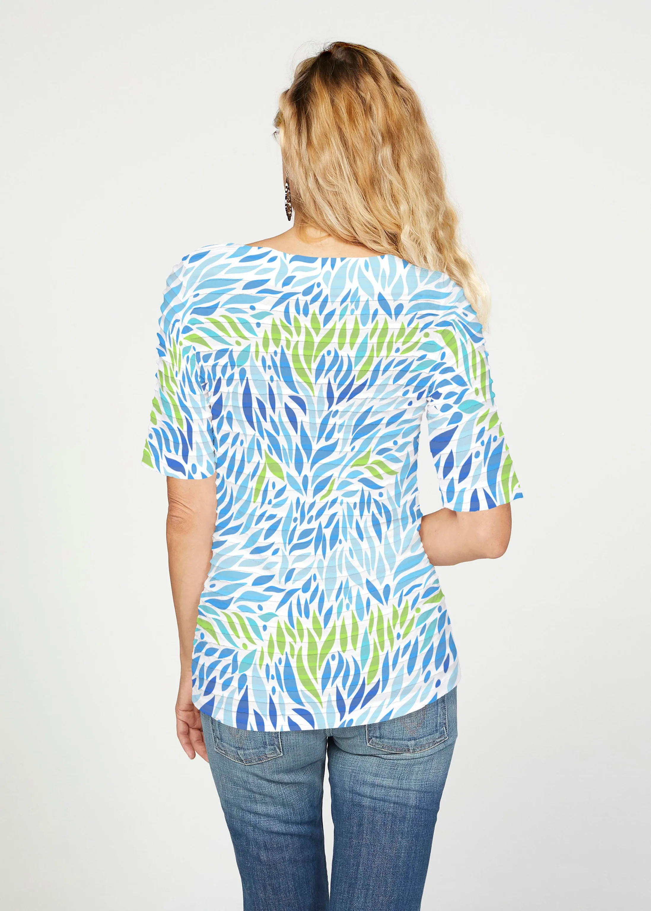 Hotsy Totsy Blue (8143) ~ Banded Elbow Sleeve Boat Neck Top