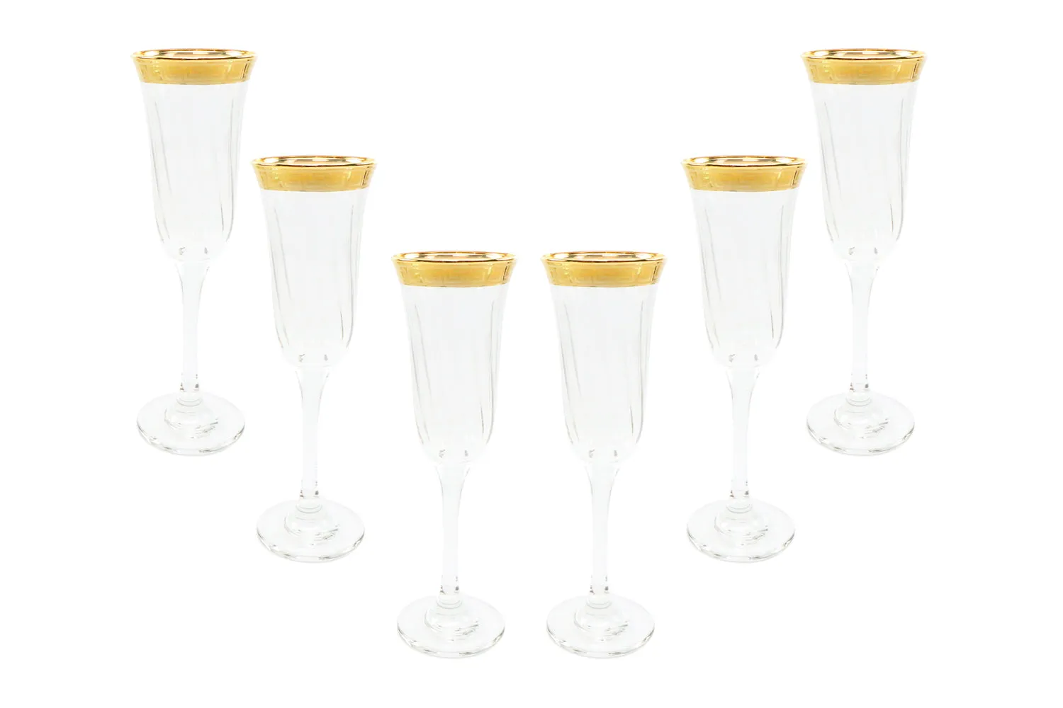 Italian Collection Crystal 24K Gold Rim Champagne Flute Glasses, Vintage Pattern