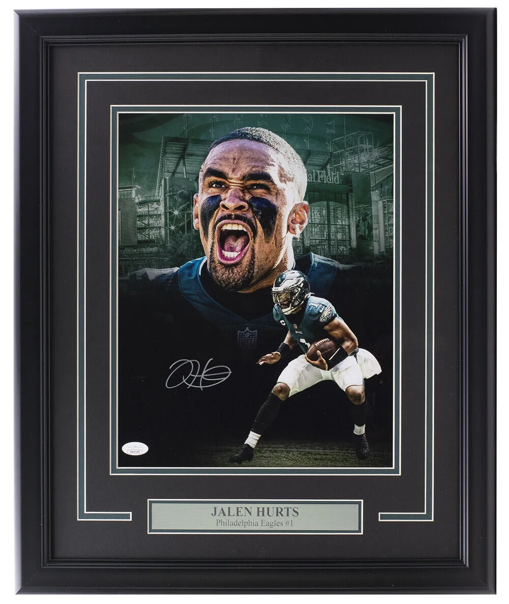 Jalen Hurts Signed Framed Eagles 11x14 Football Scream Collage Photo JSA