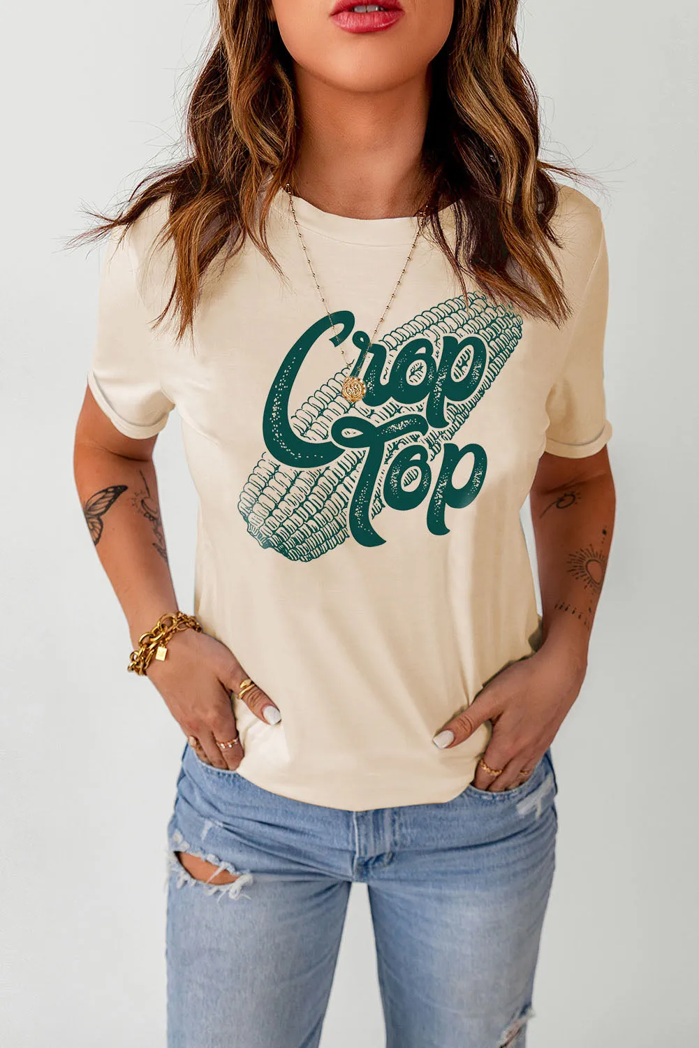 Khaki Corn Crop Top Graphic Tee